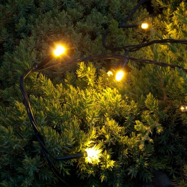 DECOLED LED světýlka na baterie, venkovní, 5,2 m, teple bílá, 50 diod, tmavě zelený kabel, IP44, ovladač, 4 × AA