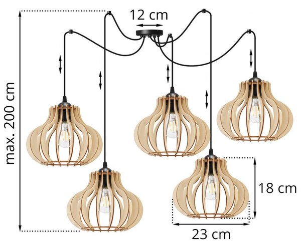 Závěsné svítidlo Timber Spider 3, 5x dřevěné stínítko