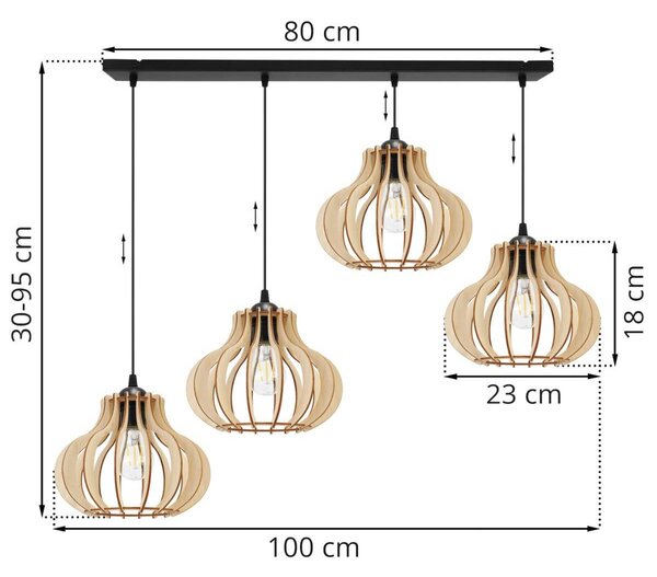 Závěsné svítidlo Timber 3, 4x dřevěné stínítko