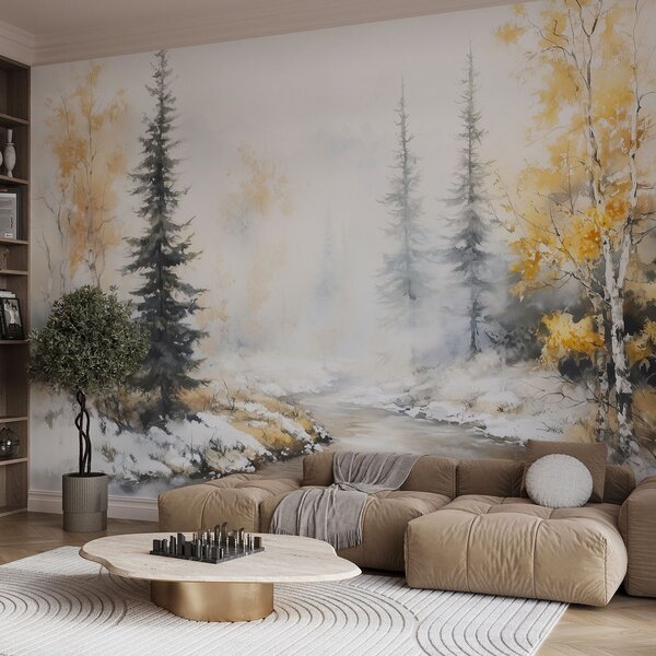 Fototapety Zimní les, břízy, borovice, řeka, mlha, pastelové barvy, Fototapety les, Fototapety břízy, w02742 : uwalls.cz