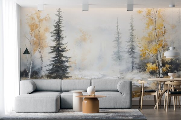 Fototapety Zimní les, břízy, borovice, řeka, mlha, pastelové barvy, Fototapety les, Fototapety břízy, w02742 : uwalls.cz