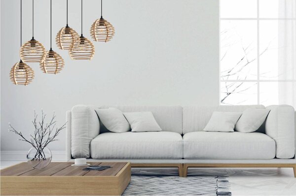 Závěsné svítidlo Timber, 6x dřevěné stínítko, n