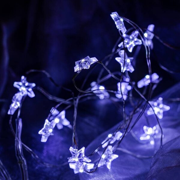 DECOLED LED světýlka na baterie, hvězdičky, 2,3 m, ledově bílá, 20 diod, drátek, IP20 interiér, 3 × AA