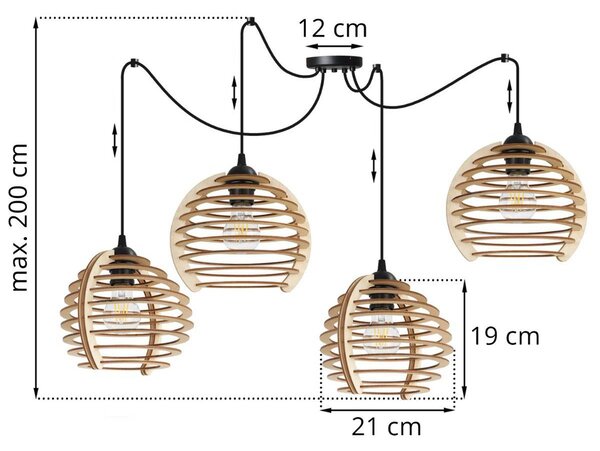 Závěsné svítidlo Timber Spider, 4x dřevěné stínítko, n