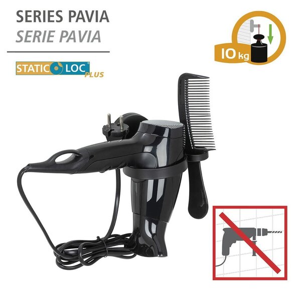 Černý nástěnný držák na fén Wenko Static-Loc® Pavia