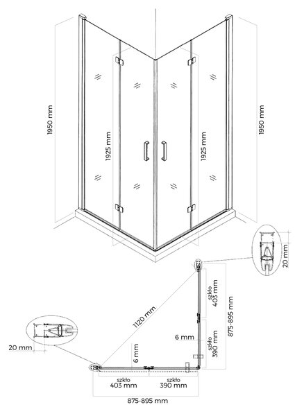 Oltens Byske sprchový kout 90x90 cm čtvercový černá matný/průhledné sklo 20002300