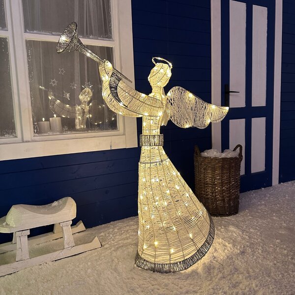 DECOLED 3D LED svítící anděl s trubkou, 122 cm, venkovní, teple bílá, 120 LED, IP44