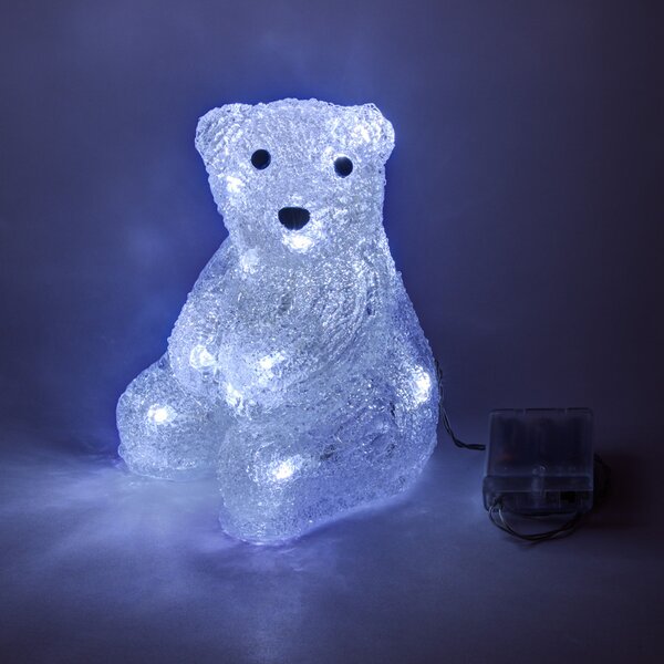 DECOLED 3D LED svítící medvěd sedící na baterie, 16 diod, s časovačem, 18 × 13 cm, ledově bílá, hliník, IP44 venkovní