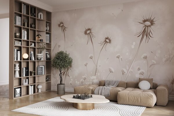 Fototapety Elegantní pampelišky a divoké květiny ve stylu malby v béžových tónech, Fototapety květiny, w08657v1 : uwalls.cz
