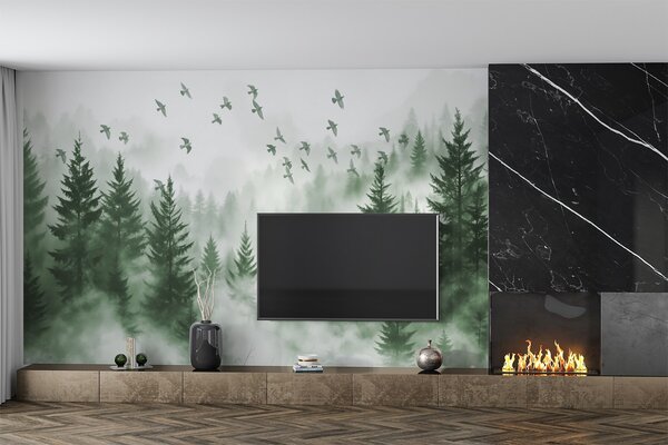Fototapety Klidný mlžný les se stromy v odstínech zelené a hejno ptáků poletující na obloze , Fototapety příroda, w08664v1 : uwalls.cz