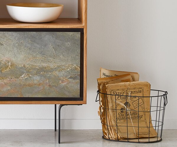 DELIFE Skříň Juwelo 88x135 cm akácie přírodní s kamennou dýhou