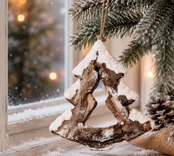 Závěsný stromeček z kůry se sněhem – 14 cm 3001027