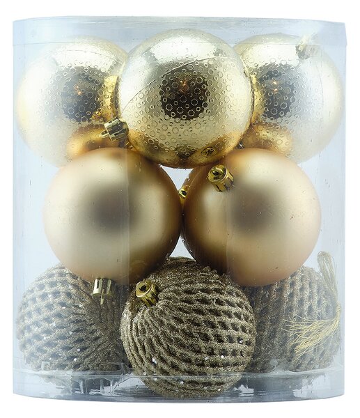 DECOLED Sada vánočních ozdob zlatá 8 cm plastové baňky, 4× vrásková, 4× matná, 4× glitter, balení 16 ks