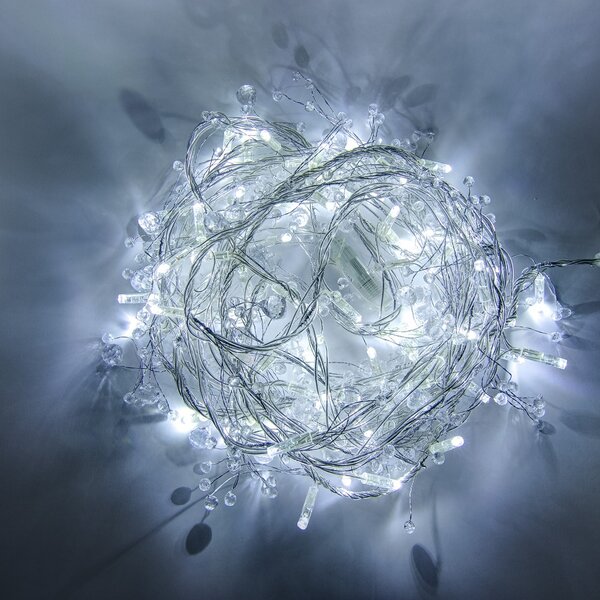 DECOLED Eco Fix LED světelný řetěz, venkovní s krystalky, ledově bílá s FLASH, 8 m, 80 diod, čirý kabel, IP44, 24V