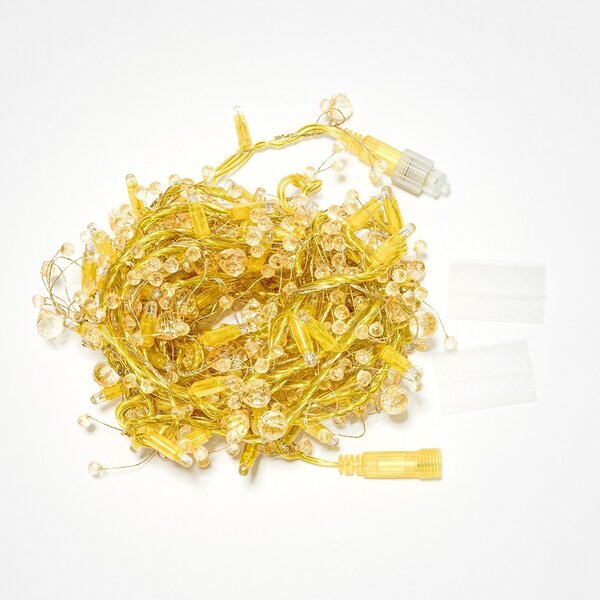 DECOLED Eco Fix LED světelný řetěz, venkovní s krystalky, teple bílá s FLASH, 8 m, 80 diod, zlatý kabel, IP44, 24V