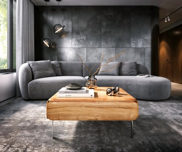 DELIFE Konferenční stolek Shavani 90x90 cm akácie přírodní 2 dvířka podnož ve tvaru L nerezová ocel stříbrná