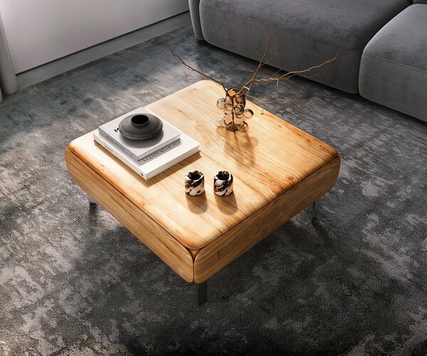DELIFE Konferenční stolek Shavani 90x90 cm akácie přírodní 2 dvířka podnož ve tvaru L nerezová ocel stříbrná