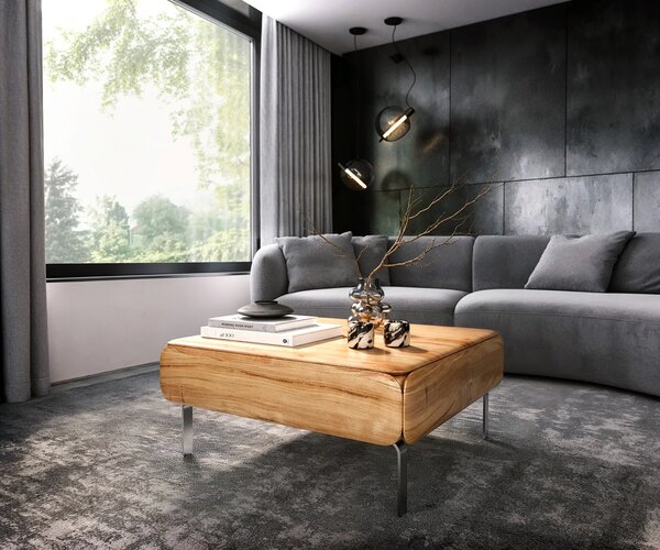 DELIFE Konferenční stolek Shavani 90x90 cm akácie přírodní 2 dvířka podnož ve tvaru L nerezová ocel stříbrná