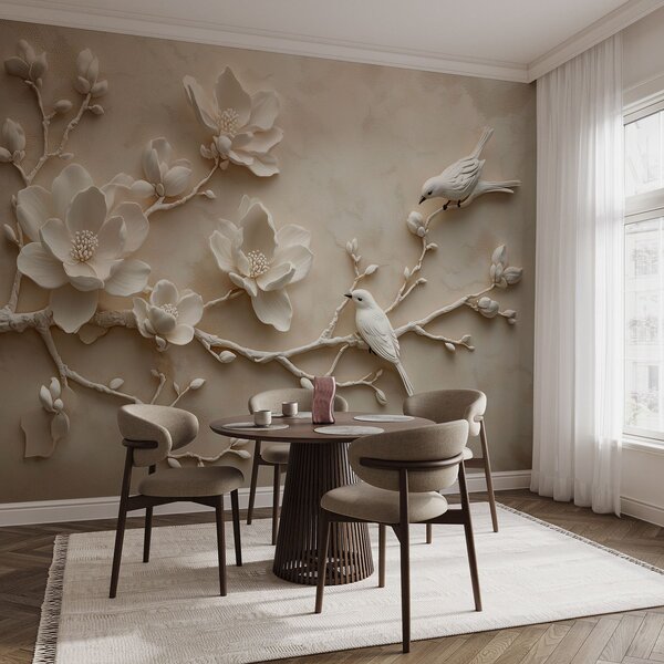 Fototapety 3D větve magnólie s ptáky, Fototapety květiny, w08690 : uwalls.cz