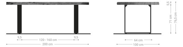 DELIFE Jídelní stůl Edge 200x100 XL akácie platinová nerezová ocel úzký Live-Edge