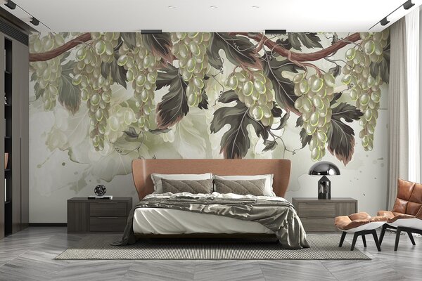 Fototapety Hrozny visící z vinné révy se zelenými listy na světlém pozadí s akvarelovou texturou, Fototapety příroda, w08696 : uwalls.cz