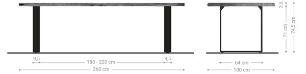 DELIFE Jídelní stůl Edge 260x100 akácie přírodní nerezová ocel úzký Live-Edge