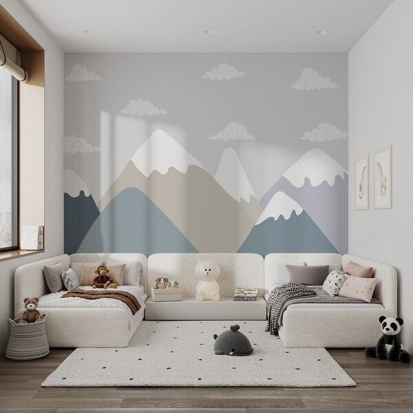 Fototapety Minimalistická horská krajina se zasněženými vrcholky v tlumených šedomodrých a béžových tónech,, Fototapety dětské, w03040 : uwalls.cz