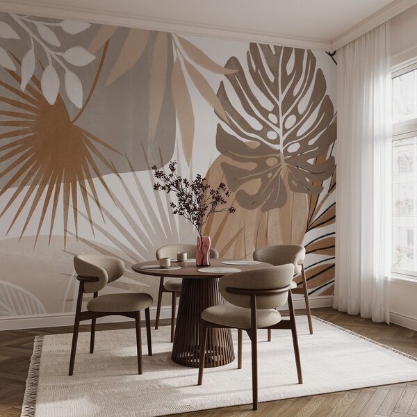 Fototapety Abstraktní design s různými tropickými listy v zemitých tónech hnědé, béžové a, Fototapety les, Fototapety tropické, w08738 : uwalls.cz