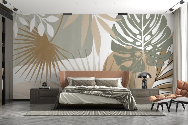 Fototapety Abstraktní design s různými tropickými listy v zemitých tónech, Fototapety příroda, Fototapety palmové listy, w08738v1 : uwalls.cz