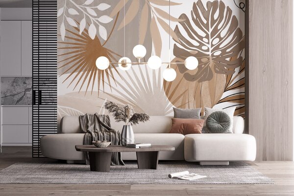 Fototapety Abstraktní design s různými tropickými listy v zemitých tónech hnědé, béžové a, Fototapety les, Fototapety tropické, w08738 : uwalls.cz