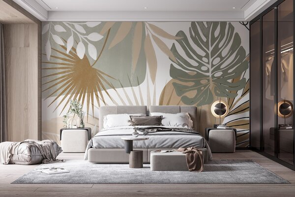 Fototapety Abstraktní design s různými tropickými listy v zemitých tónech, Fototapety příroda, Fototapety palmové listy, w08738v1 : uwalls.cz