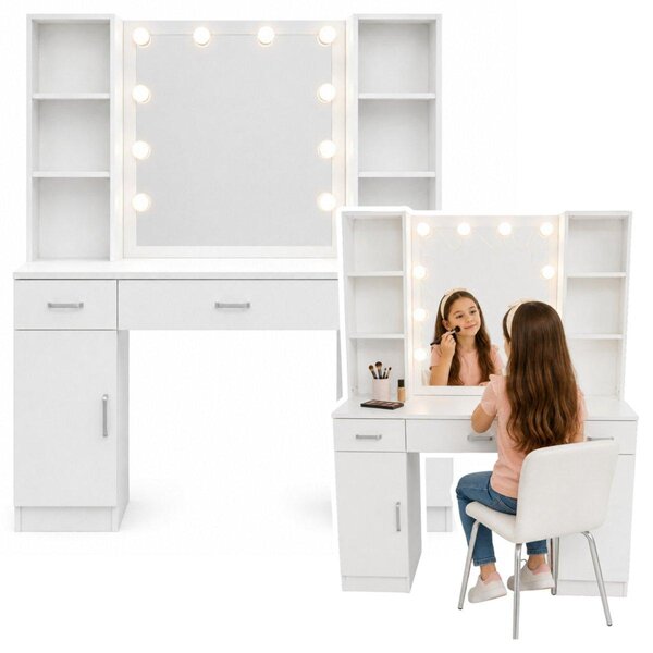 Kosmetický stolek s LED zrcadlem, zásuvkami a skříňkami, bílý, rozměry 141 x 114 x [chybí rozměr]