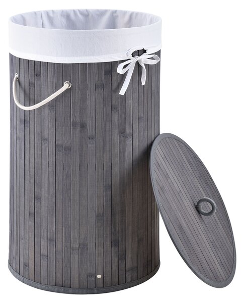 Bambusový koš na prádlo Curly-Round šedý s vakem na prádlo a rukojetí, 55 l