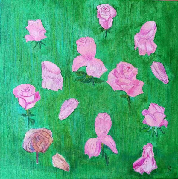 Ručně malovaný obraz od Olga Koliadko - "Život jedné růže", rozměr: 50 x 50 cm