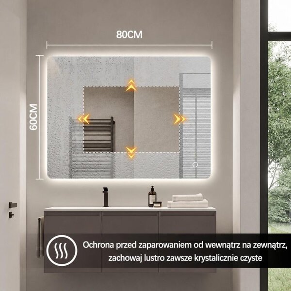 Erga Kalami, bezrámové LED zrcadlo s vyhříváním a dotykovým ovládáním, 80 × 60 cm, ERG-YKA-MR.KALAMI-60X80