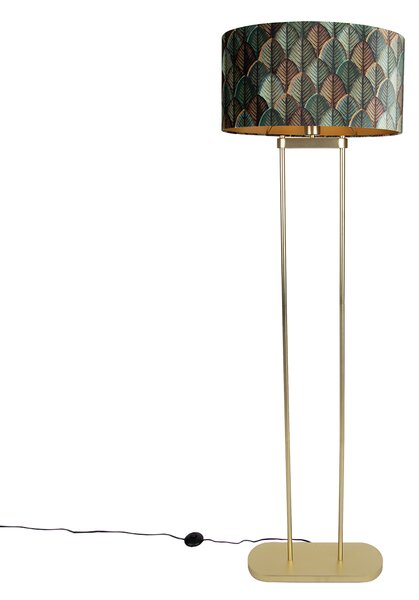 Mosazná stojací lampa s oválným stínidlem s motivem listů a zlatým interiérem 50 cm - Thijmen