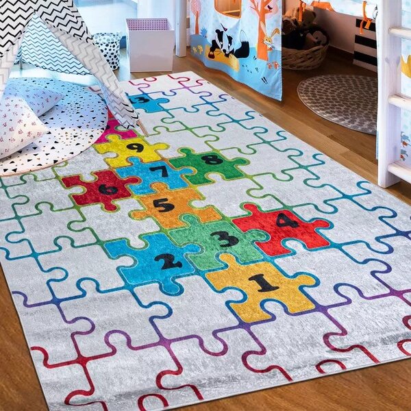 Makro Abra Dětský kusový koberec vhodný k praní BAMBINO 2673 Puzzle Číslice pogumovaný krémový barevný Rozměr: 120x170 cm