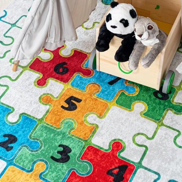 Makro Abra Dětský kusový koberec vhodný k praní BAMBINO 2673 Puzzle Číslice pogumovaný krémový barevný Rozměr: 120x170 cm