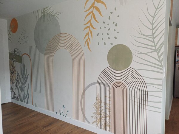 Fototapety Abstraktní potisk s geometrickými tvary, oblouky a tropickými listy, Fototapety příroda, Fototapety palmové listy, w08835 : uwalls.cz