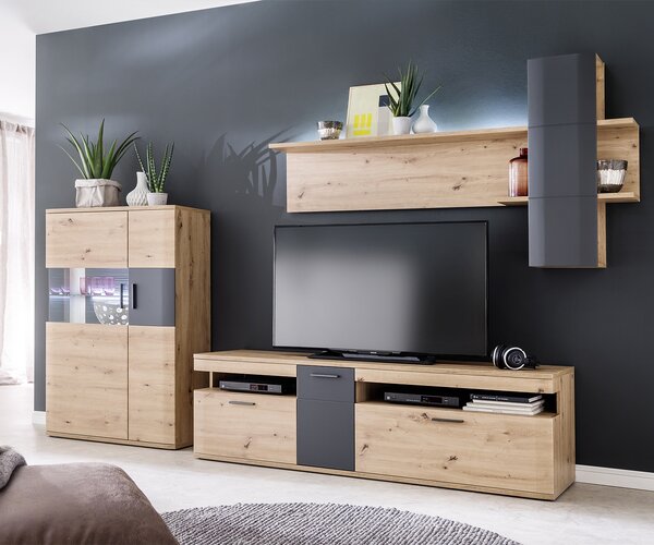 DELIFE Skříň Farum 90 x 130 cm dubový vzhled skleněná vitrína 3 dvířka