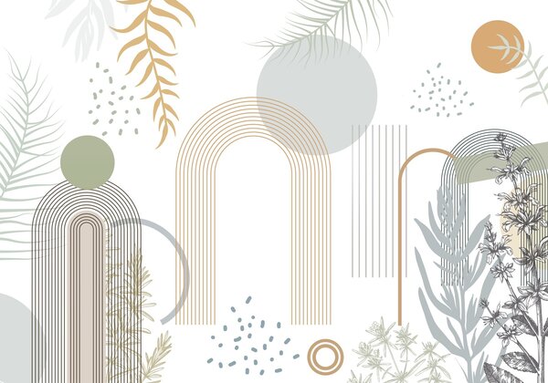 Fototapety Abstraktní potisk s geometrickými tvary, oblouky a tropickými listy, Fototapety příroda, Fototapety palmové listy, w08835 : uwalls.cz