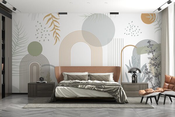 Fototapety Abstraktní potisk s geometrickými tvary, oblouky a tropickými listy, Fototapety příroda, Fototapety palmové listy, w08835 : uwalls.cz