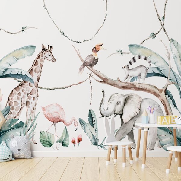 Dětská nálepka na zeď Savanna - slon, žirafa a jiná zvířata Rozměry: 300 x 200 cm
