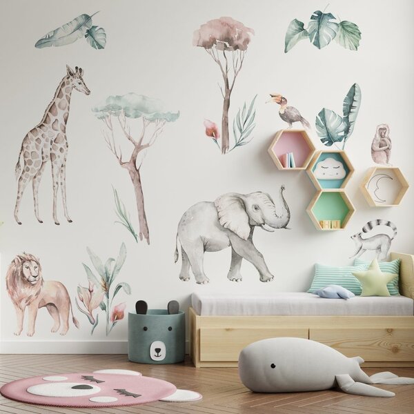 Dětská nálepka na zeď Savanna - slon, lev, žirafa, opice