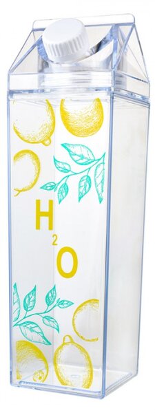 Plastová průhledná láhev ve tvaru kartonového boxu s citróny – 750 ml