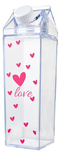 Plastová průhledná láhev ve tvaru kartonového boxu se srdíčky a nápisem Love – 500 ml