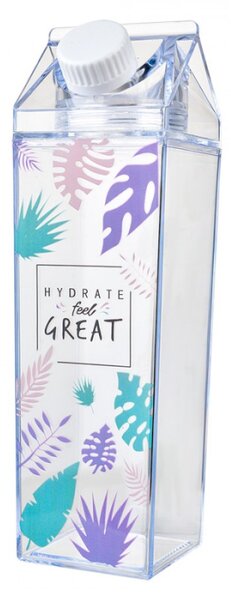 Plastová průhledná láhev ve tvaru kartonového boxu s listy monstery – 500 ml