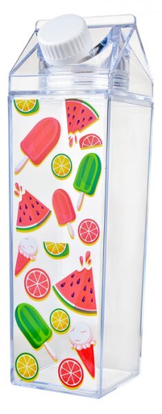Plastová průhledná láhev ve tvaru kartonového boxu s melouny, citrusy a nanunky – 500 ml