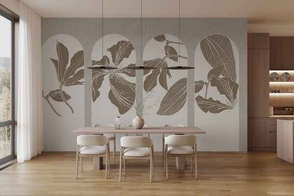 Fototapety Elegantní oblouky s květinovými vzory v béžové a bílé barvě na béžovém pozadí s texturou,, Fototapety příroda, w08866 : uwalls.cz