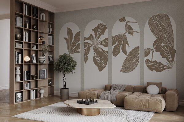 Fototapety Elegantní oblouky s květinovými vzory v béžové a bílé barvě na béžovém pozadí s texturou,, Fototapety příroda, w08866 : uwalls.cz